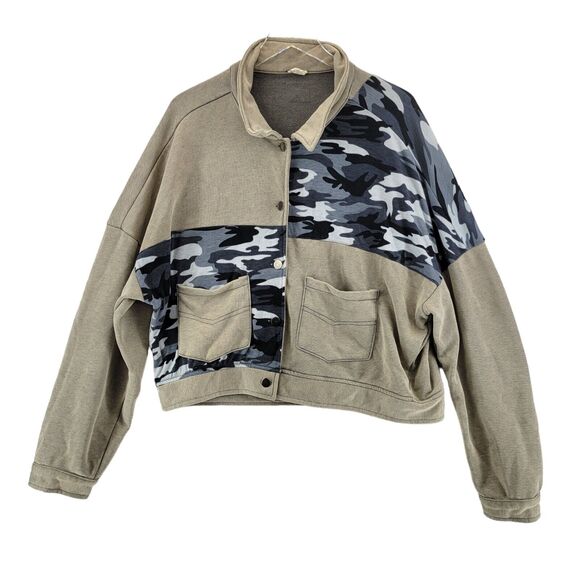 POL Slouchy Cropped Fleece Jacket Size Large Beige Black Gray Camo Colorblock - Picture 1 of 10
